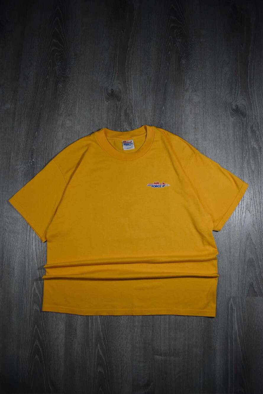 Vtg US AIR FORCE Military T Shirt Yellow Single Stitch XL Hanes Heavyweight
